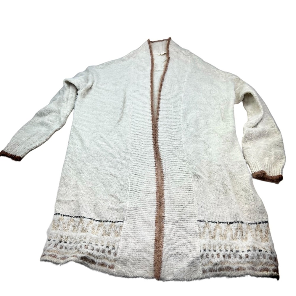 Mystree Cardigan Women Size M Cream Brown Tribal Eyelash Knit Open Front Sweater